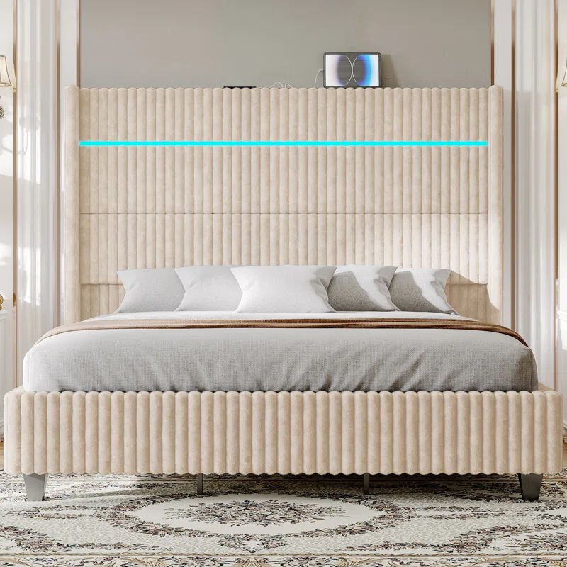 Beige King Corduroy Upholstered Platform Bed with LED Headboard