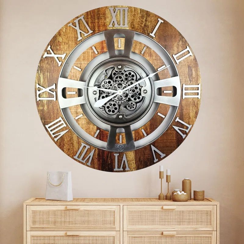 Oversized Vintage Brown Fir Wood Wall Clock with Real Moving Gears