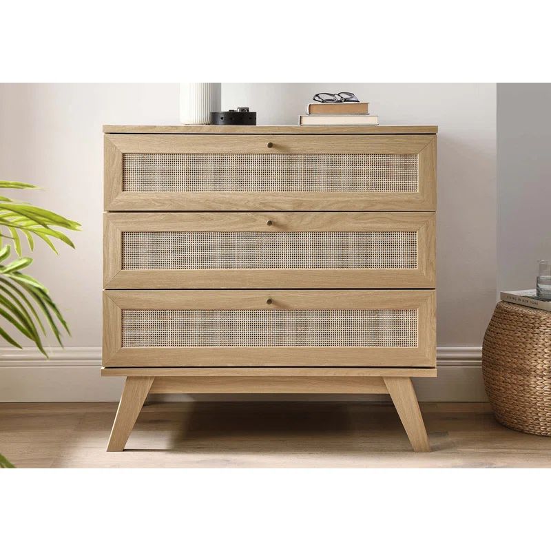 Coastal Charm Oak 3-Drawer Dresser with Rattan Weave