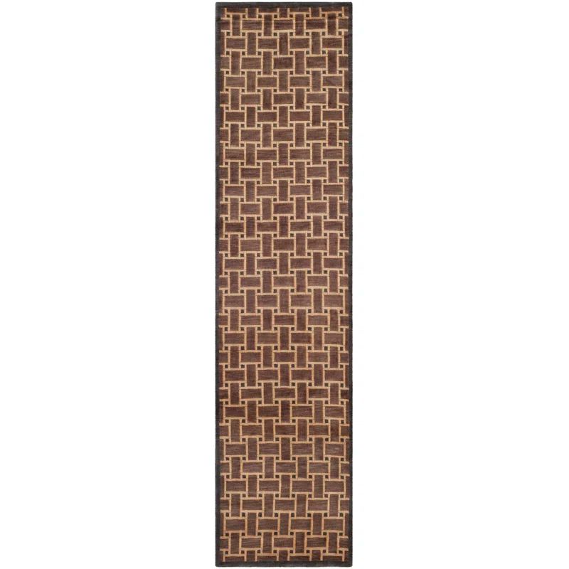 Hand-Knotted Brown Wool Geometric Runner Rug 2'6" x 10'
