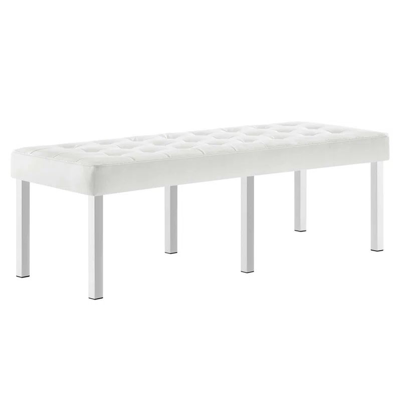White Vegan Leather Tufted Bench with Stainless Steel Legs
