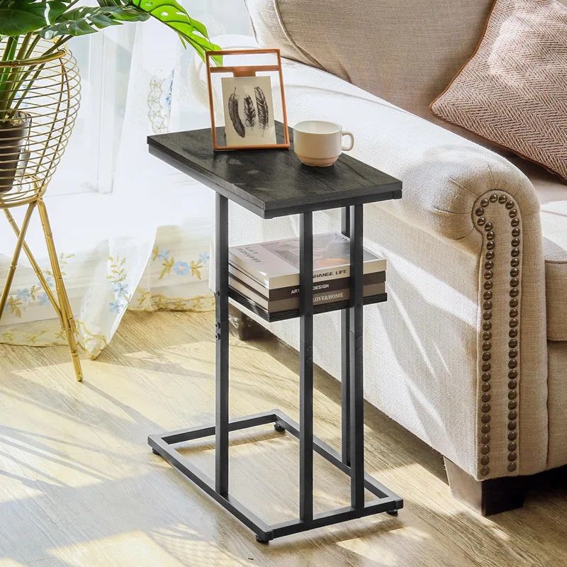 Black Metal and Wood C-Shaped End Table