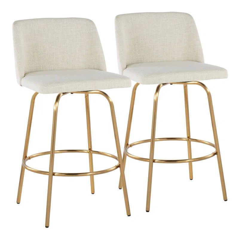 Cream Fabric and Gold Metal Swivel Counter Stools, 26" Seat Height