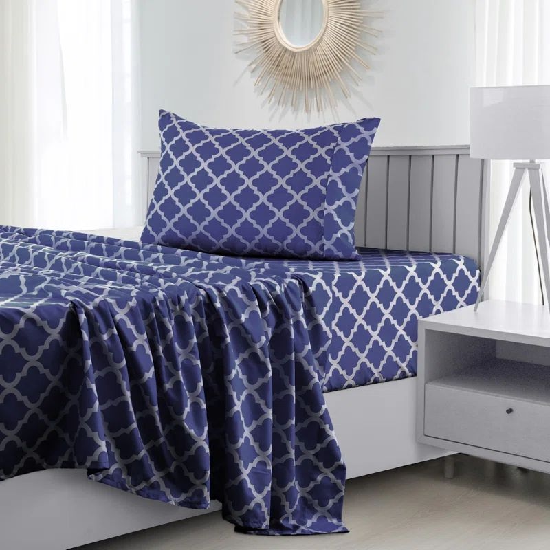 Navy Blue Quatrefoil Print Twin XL Microfiber Sheet Set