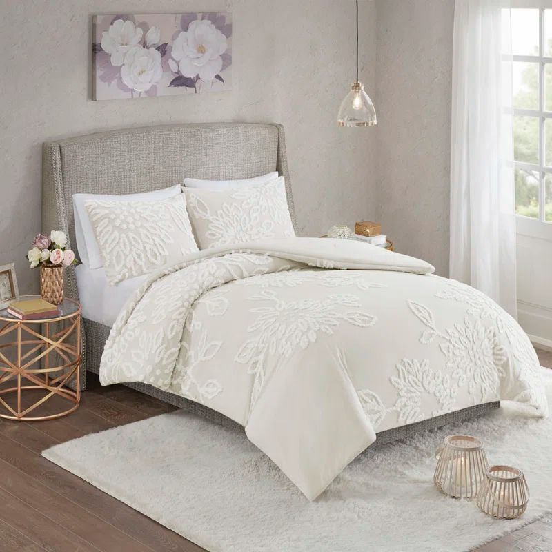 Elegant Off-White Cotton Chenille King Duvet Cover Set with Floral Tufting