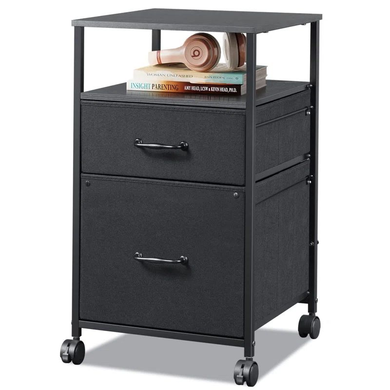 Black Fabric and Steel 2-Drawer Mobile File Cabinet with Shelf