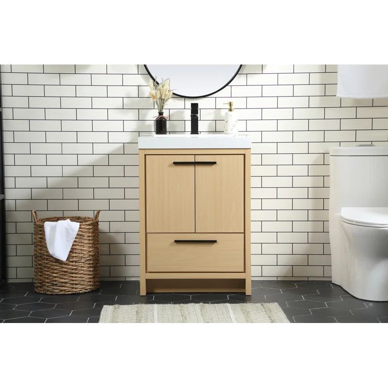 Maple and White Resin Single Bathroom Vanity with Black Hardware
