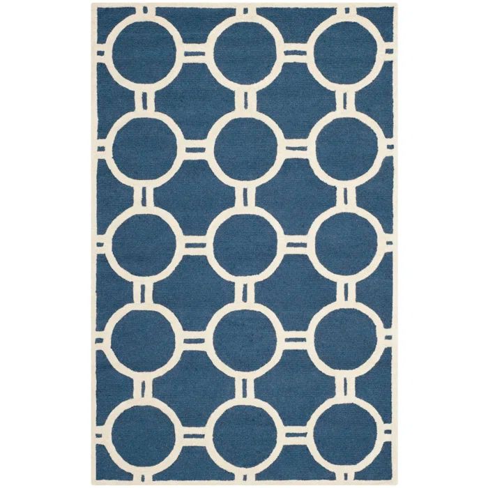 Navy Blue and Ivory Hand-Tufted Wool Square Rug, 24" x 24"