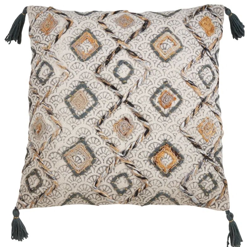 Clay and Multicolor Embroidered Cotton Pillow Cover with Tassels