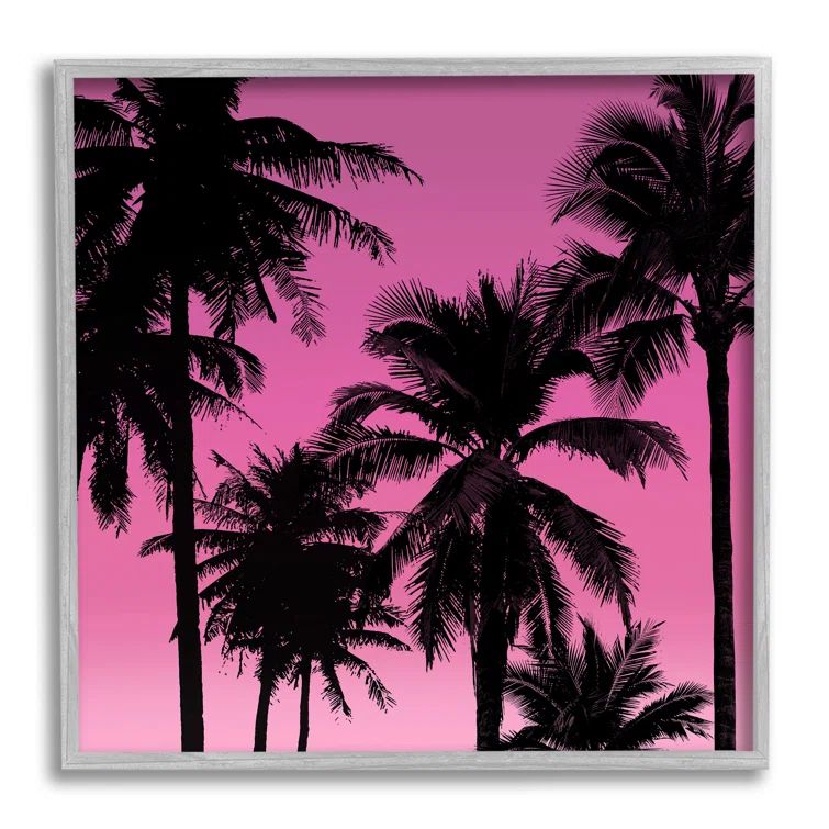 Gray Framed Palm Trees Sunset Silhouette Wood Wall Art