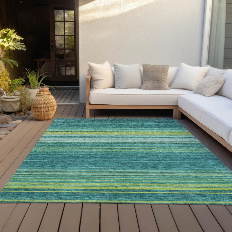 Teal Striped Machine Washable Indoor/Outdoor Rug 3' x 5'