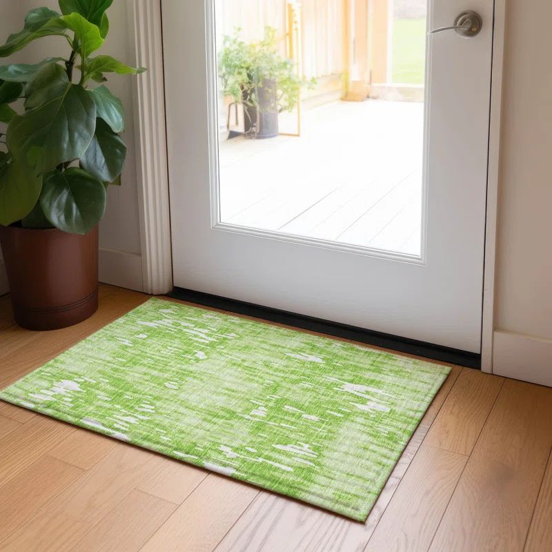 Lime Synthetic Flat Woven Rectangular Washable Rug 20" x 30"