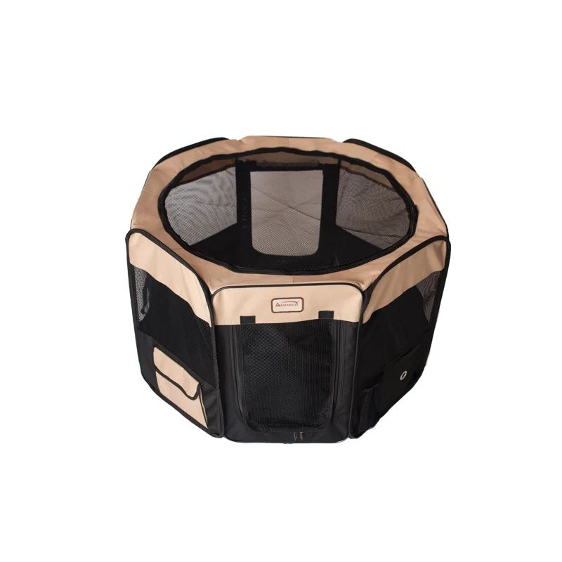 Beige and Black Portable Plastic Pet Playpen with Mesh Vents