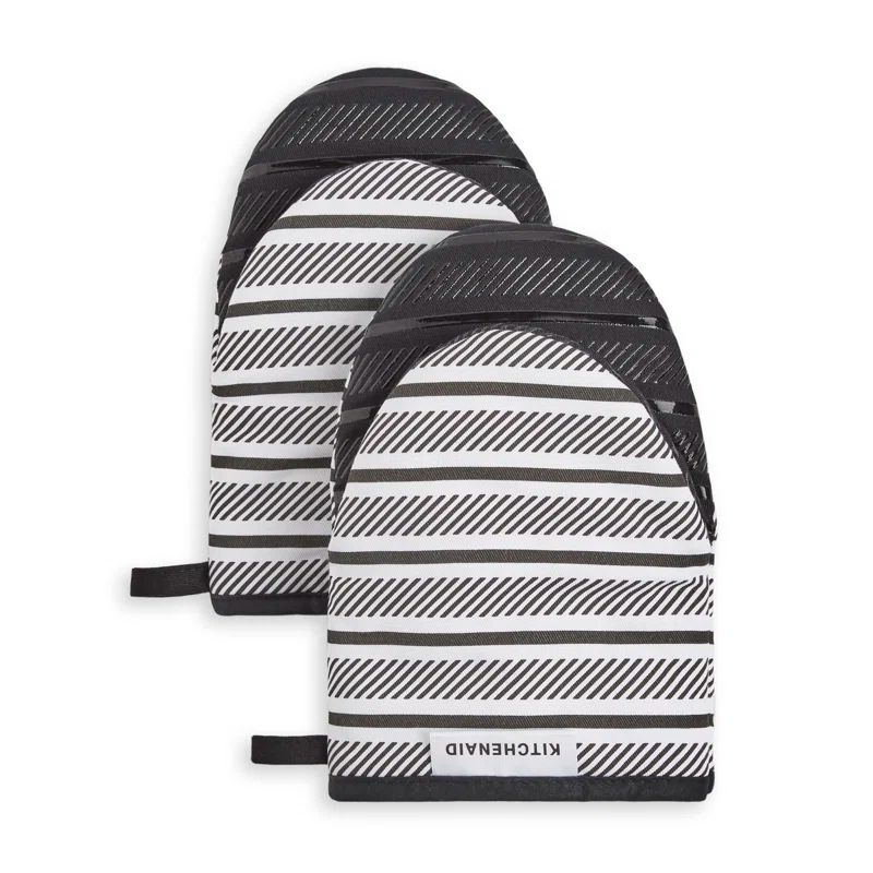 Black and White Striped Silicone Oven Mitt Set