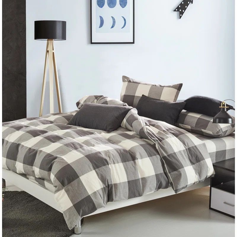 Queen Gray and White Cotton Flannel Gingham Duvet Cover Set