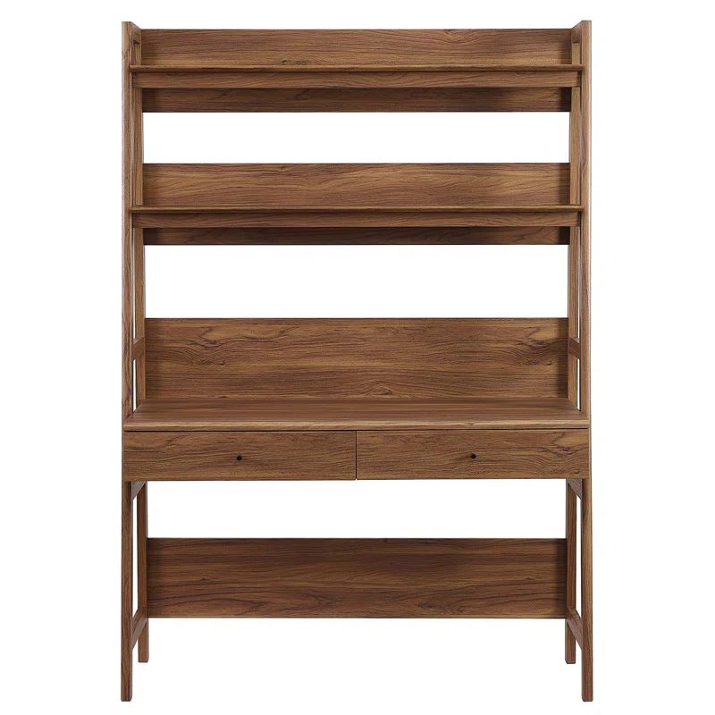 Bixby Walnut Wood Office Desk with Bookshelf and Drawers