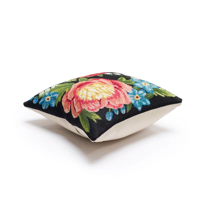 Black Floral Indoor/Outdoor Round Throw Pillow