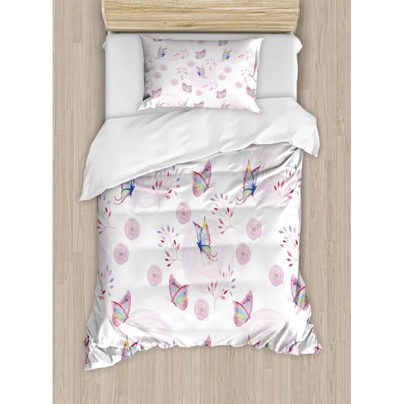 Pink and White Butterfly Twin Duvet Cover Set