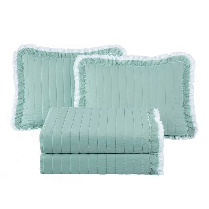 Aqua Twin Cotton Quilt Set with Frayed Ruffle Edges