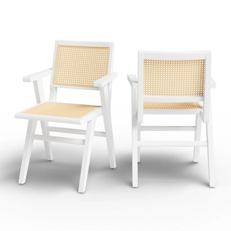 Hattie Coastal White Wood & Natural Cane Armchair Set of 2