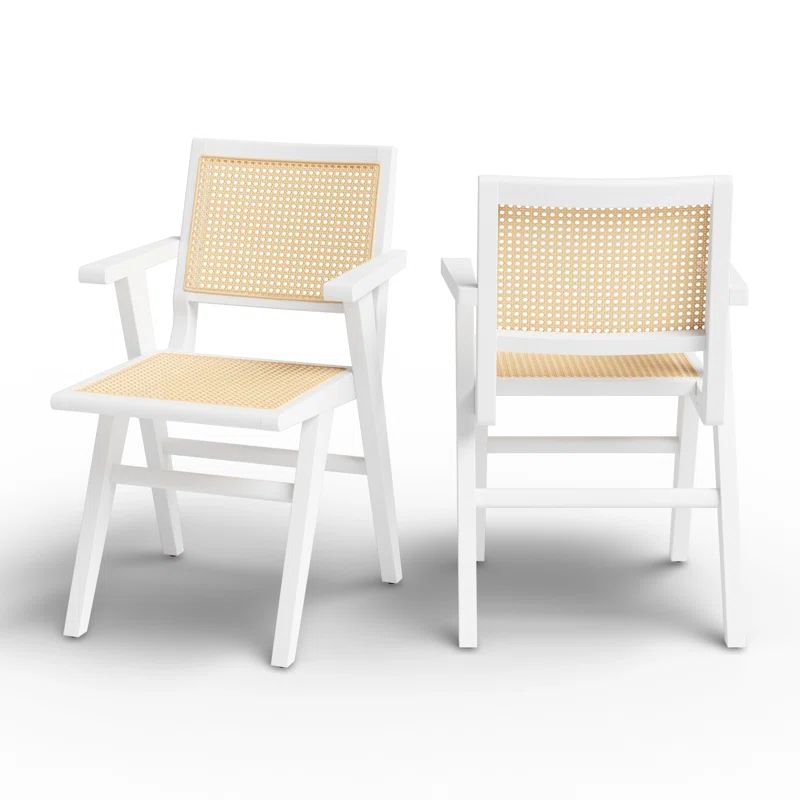 Hattie Coastal White Wood & Natural Cane Armchair Set of 2
