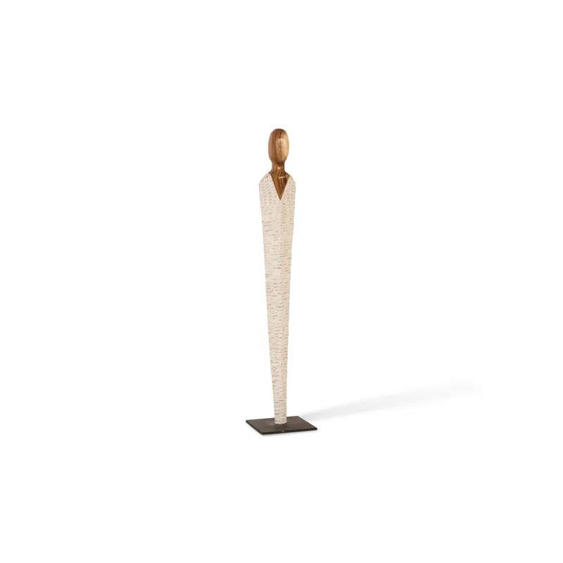 Tall Brown and White Wood Sculpture on Metal Base