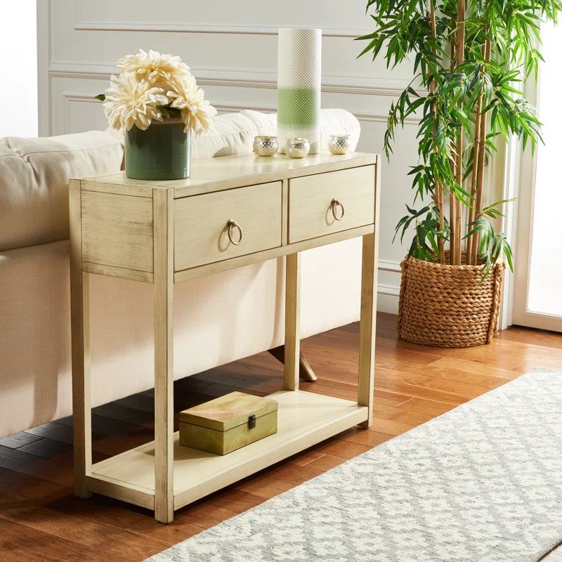Antique White Wood and Metal Console Table with Storage