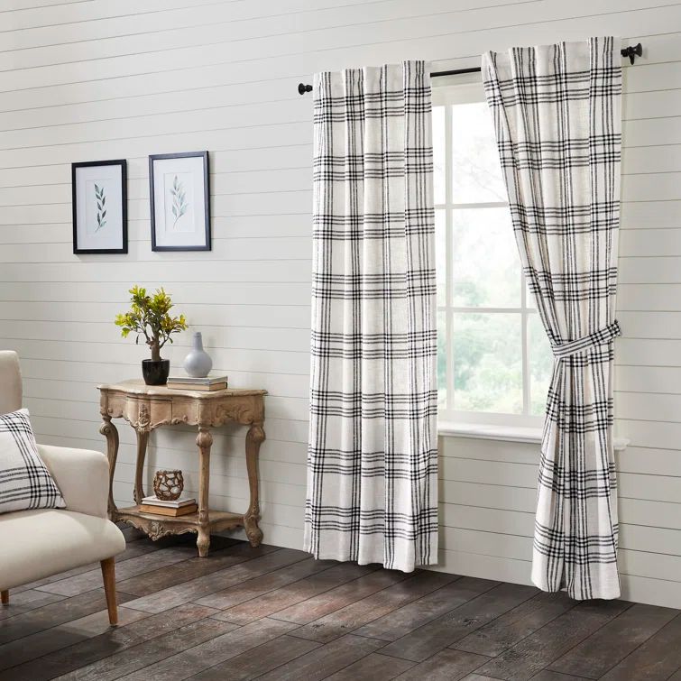 Extended White and Black Plaid Cotton Drapes, Set of 2