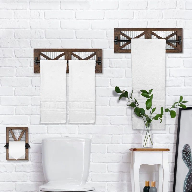 Rustic Brown Wood and Metal Wall Mounted Towel Holder Set
