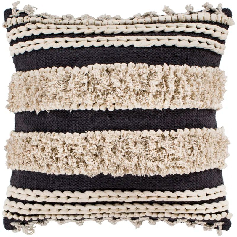 Charcoal and Beige Embroidered Cotton Square Throw Pillow