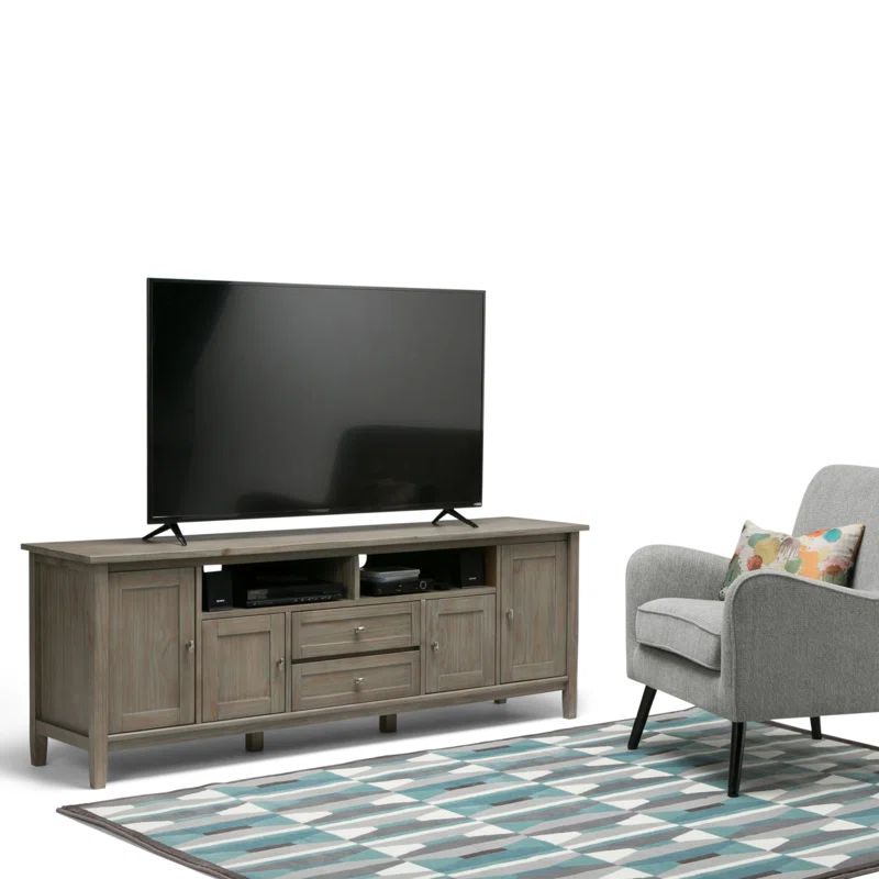 Distressed Grey 72'' Solid Pine Wood Media Console with Cabinet