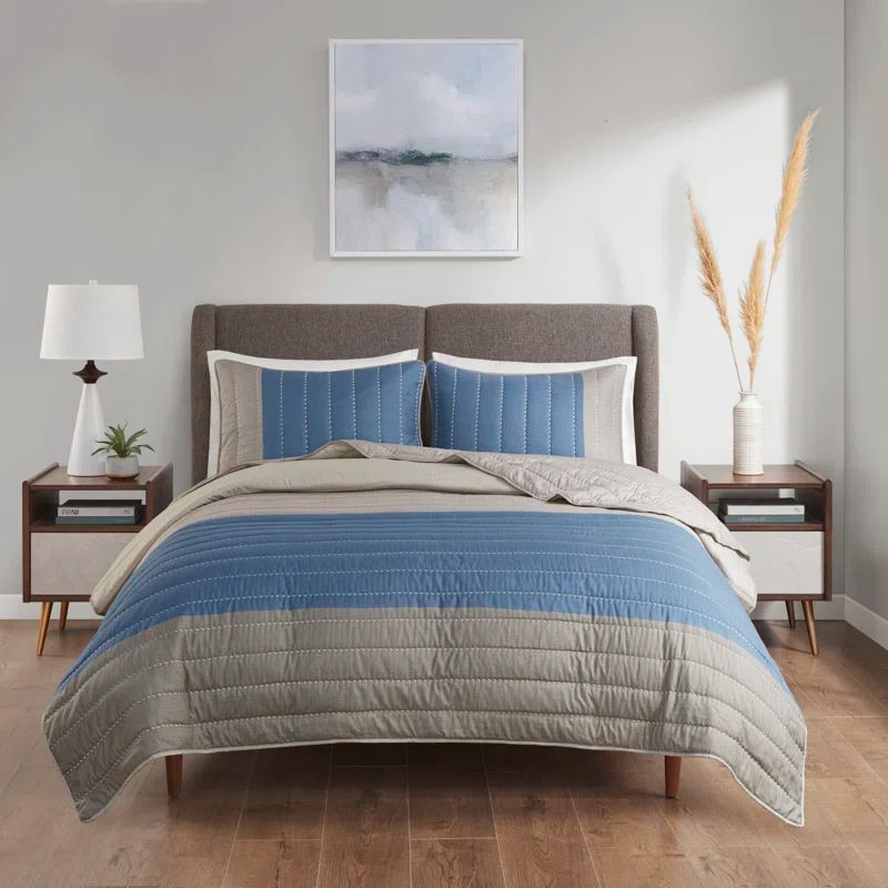 King Blue and Taupe Reversible Microfiber Quilt Set