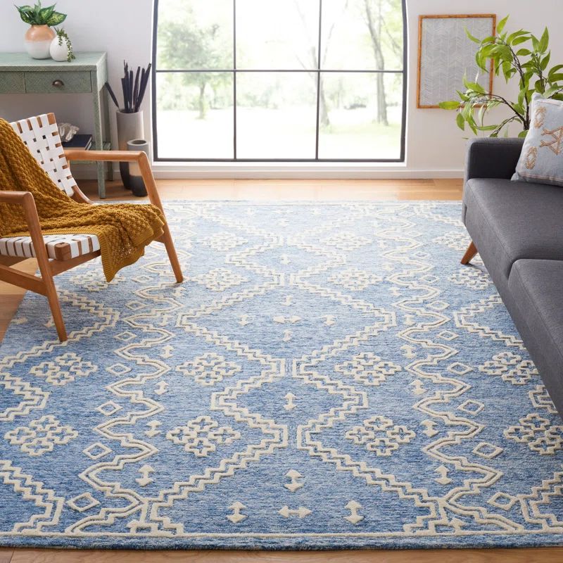 Ivory and Blue Handmade Wool Abstract Area Rug, 8' x 10'