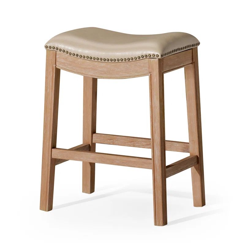 Weathered Oak Backless Saddle Barstool with Vegan Leather Seat