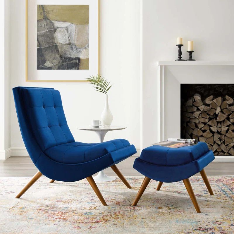 Navy Velvet Tufted Lounge Chair and Ottoman Set