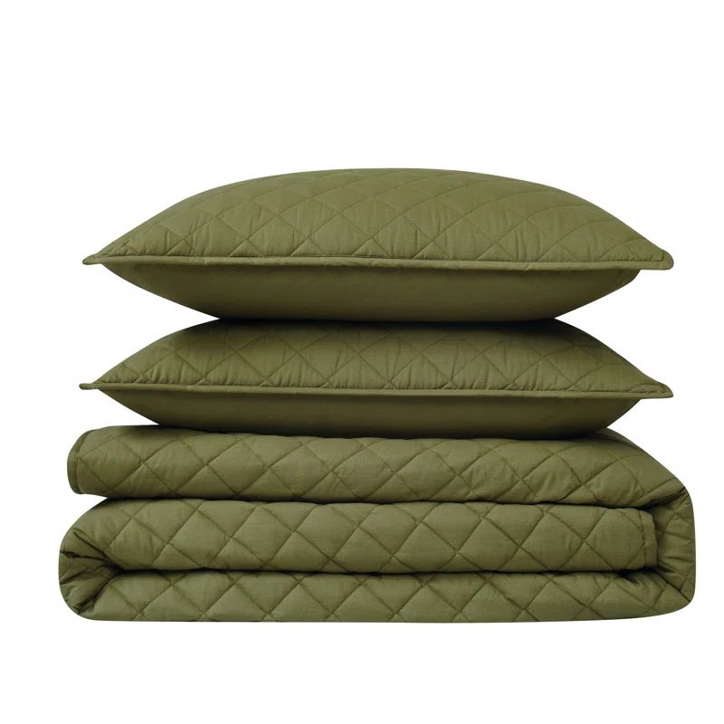 Olive Green Cotton Percale Quilt Set with Shams