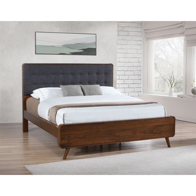 California King Dark Walnut Upholstered Wood Frame Bed