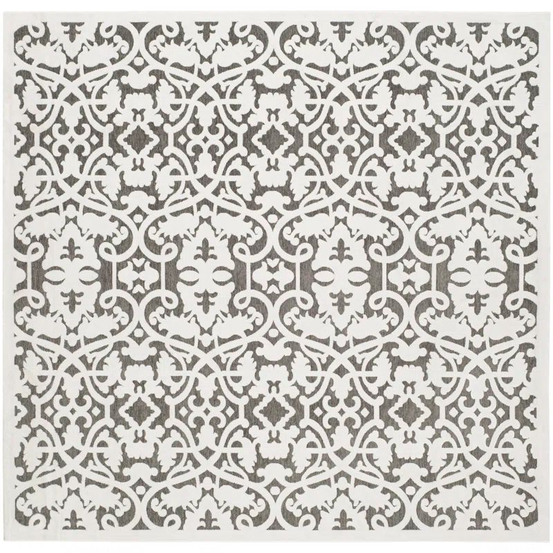 Ivory and Dark Grey Floral Square Wool Rug