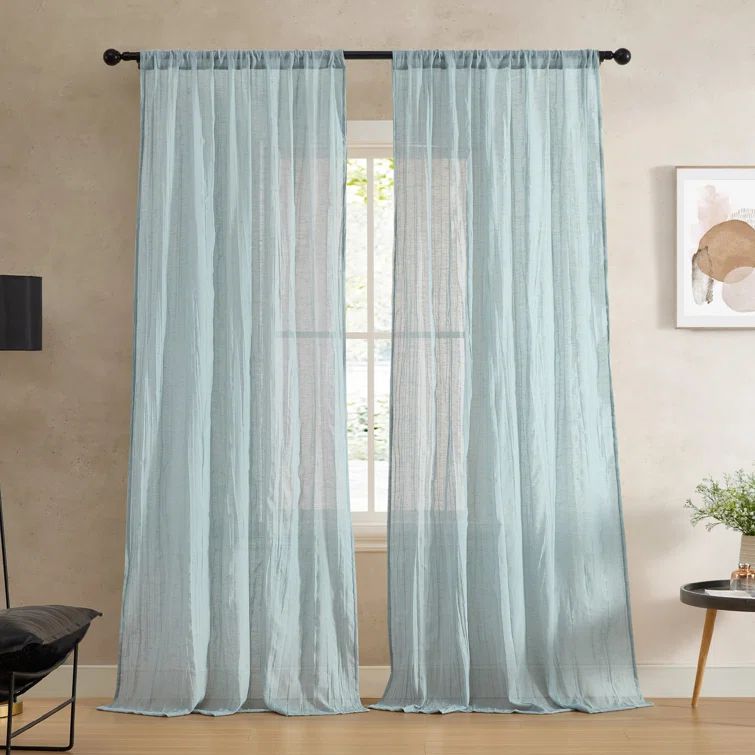 Aqua Blue Semi-Sheer Linen-Blend Rod Pocket Window Panels