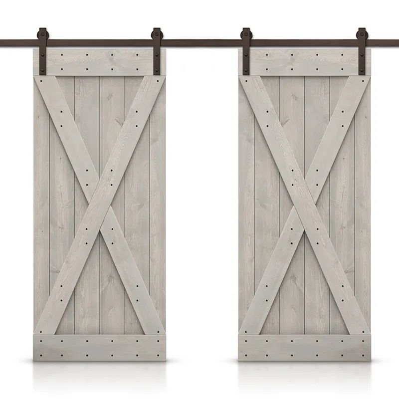 Silver Gray Stained Solid Pine Double Sliding Barn Door with Oil-Rubbed Bronze Hardware