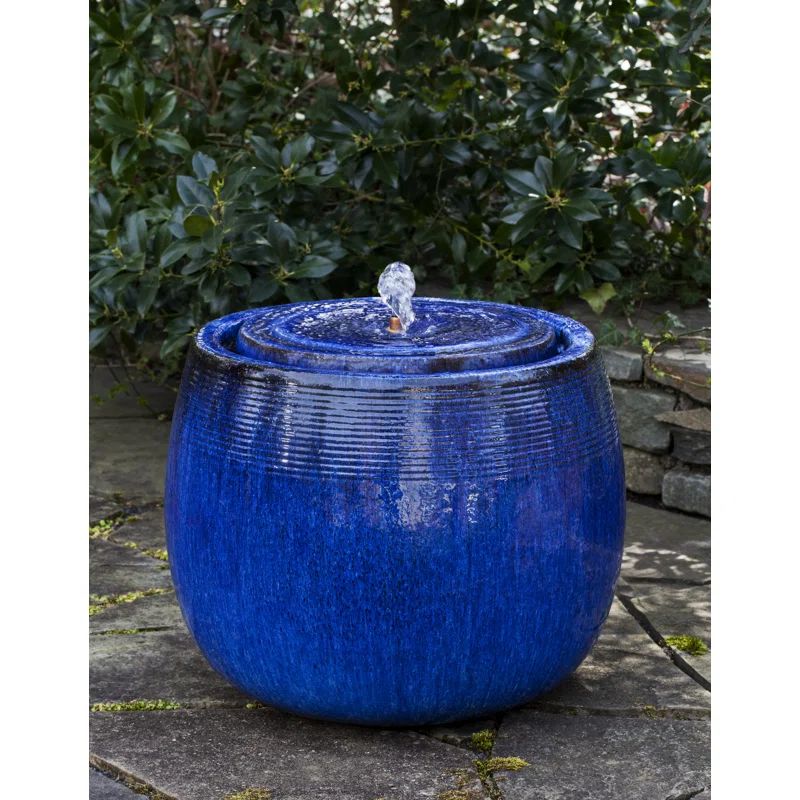 Riviera Blue Ceramic Floor Fountain with Cast Stone Finish