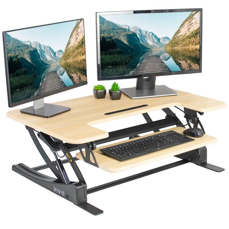Light Wood Height Adjustable Standing Desk Converter with Monitor Riser