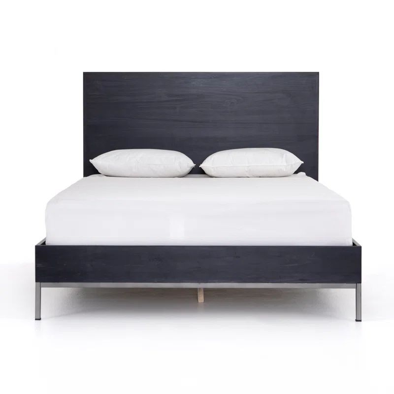 Contemporary Black-Wash Poplar King Panel Bed with Metal Frame