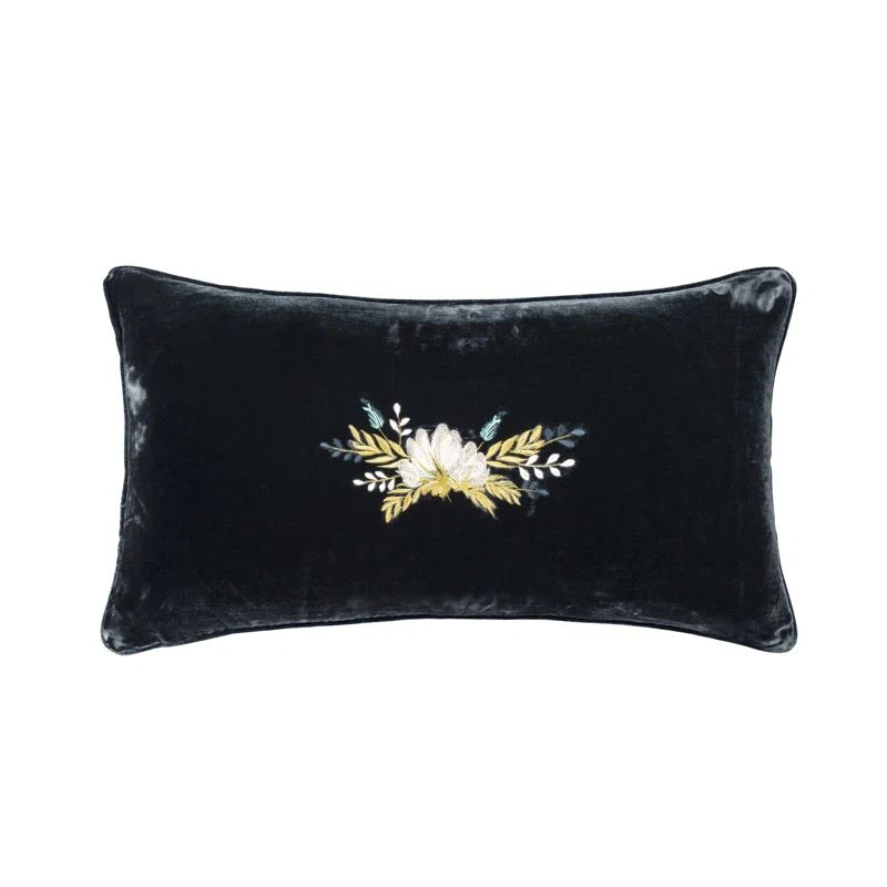 Midnight Blue Floral Embroidered Silk Velvet Lumbar Pillow