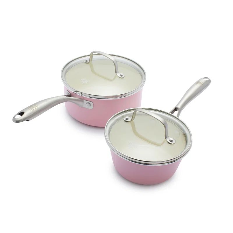 Pink Aluminum Nonstick Saucepan Set with Stainless Steel Handles
