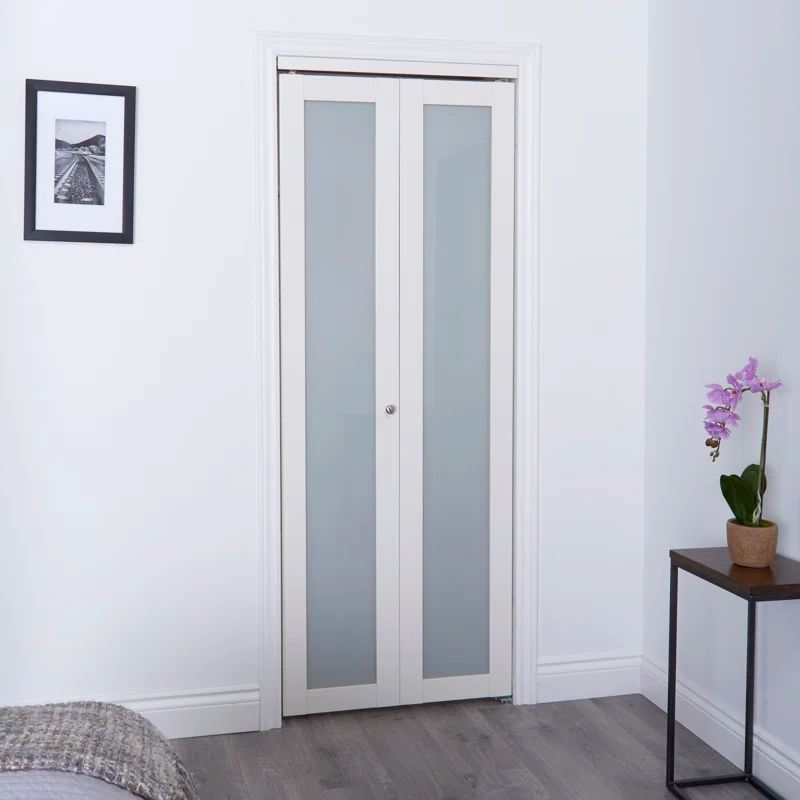 Off-White Tempered Frosted Glass Bifold Door with Satin Nickel Pull