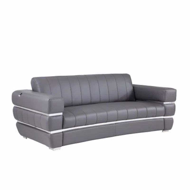 Luxurious Dark Gray Top Grain Leather Sofa with Chrome Accents, 89''