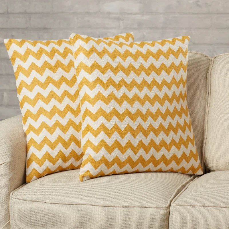 Mustard and Beige Embroidered Cotton Canvas Throw Pillows, Set of 2