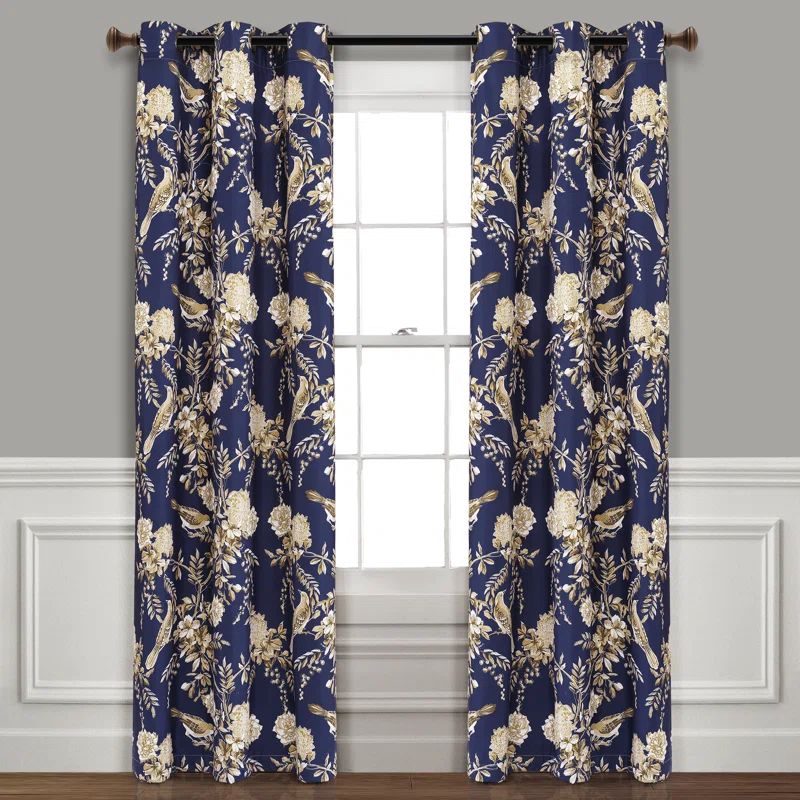 Navy and Taupe Floral Blackout Polyester Window Panels with Grommets