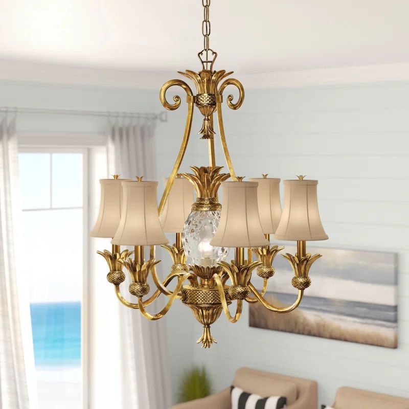 Elegant Burnished Brass 7-Light Chandelier with Ivory Silk Shades